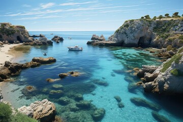 Wall Mural - View of the Mediterranean Sea. Tunisia. Panoramic view of the coast. Lagoon with crystal clear water and boat. Generative ai art.