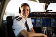 A uniformed female pilot in the cockpit of  plane. Great for stories on airlines, pilots, travel, careers, women's empowerment and more. 