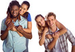 Digital png photo of two happy diverse couple embracing and laughing on transparent background
