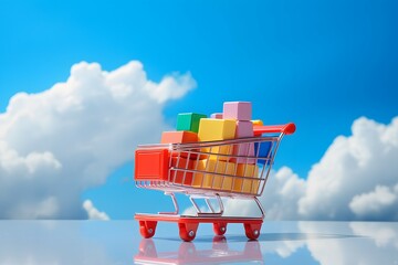 Wall Mural - a fully filled shopping cart with a cloudy blue sky background