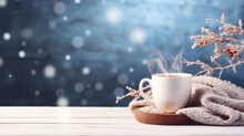 Cozy Winter Background With Cup Of Cocoa With Space For Text
