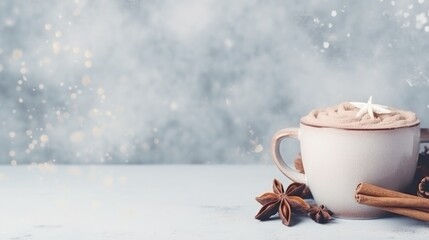 Poster - cozy winter background with cup of cocoa with space for text