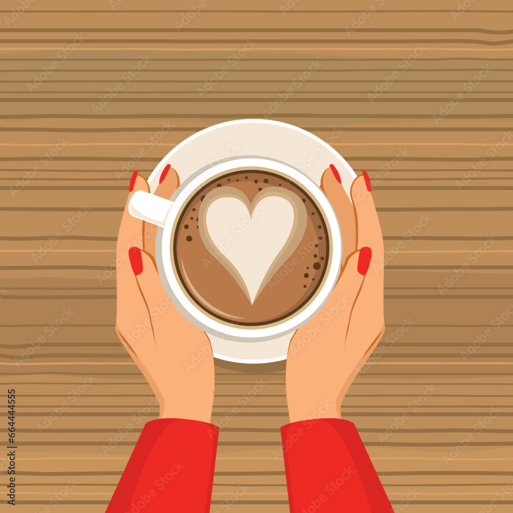 Vector illustration of female hands holding a cup of hot coffee with ...