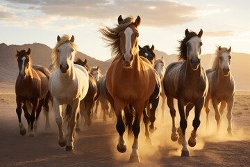 Naklejka na meble a group of big young beautiful energetic powerful horses running or galloping towards the camera in the desert, ultra wide angle lens