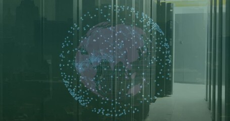 Poster - Animation of network of connections over spinning globe against computer server room