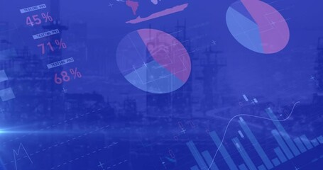Poster - Animation of statistical data processing and blue light spot against aerial view of cityscape