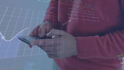 Poster - Animation of statistical, stock market data processing over mid section of a man using smartphone