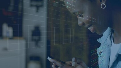 Poster - Animation of statistical, stock market data processing over african american woman using smartphone