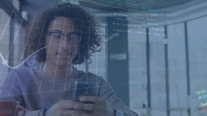 Poster - Animation of statistical, stock market data processing over biracial man using smartphone at a cafe