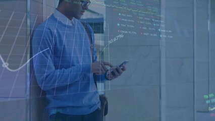 Poster - Animation of statistical, stock market data processing over biracial man using smartphone at office