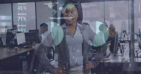 Poster - Animation of statistical data processing against african american businesswoman smiling at office