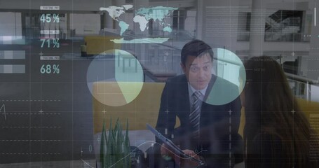 Poster - Animation of statistical data processing over diverse businessman businesswoman discussing at office