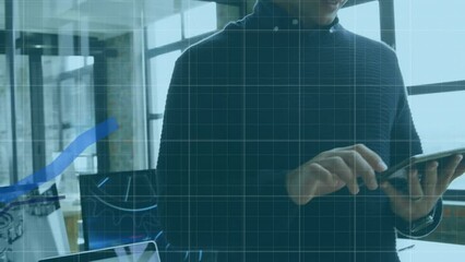 Poster - Animation of statistical data processing against caucasian man using digital tablet at office