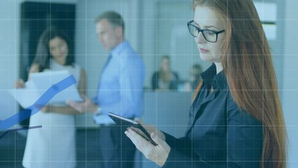 Poster - Animation of statistical data processing against caucasian woman using digital tablet at office
