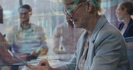 Poster - Animation of statistical data processing over caucasian senior businesswoman using tablet at office