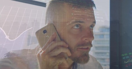 Poster - Animation of stock market data processing against caucasian man talking on smartphone at office