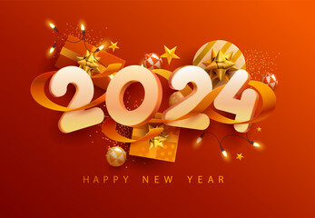 Happy New Years 2024. Greeting card design with 3D numeral, ribbon, gift boxes and christmas decoration. Festive vector template.