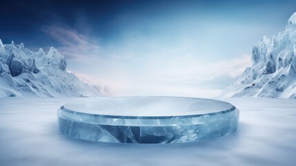 Product podium display from ice around snowy icy landscape with mountains