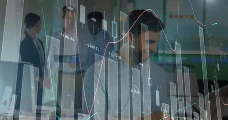 Poster - Animation of statistical data processing against caucasian man using laptop and smiling at office