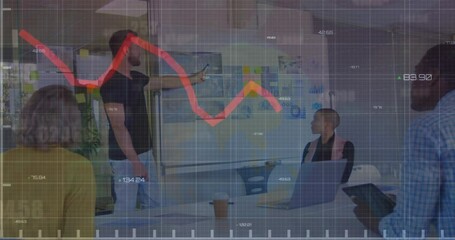 Poster - Animation of statistical data processing against biracial man giving a presentation at office