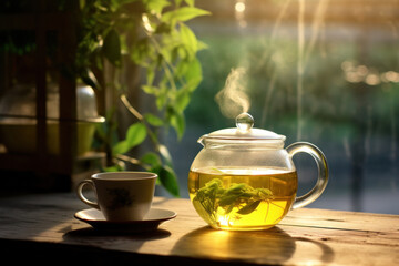 A cup and glass teapot of green hot freshly brewed tea in the sunny morning light in front of the window