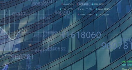 Poster - animation of changing numbers, statistical and stock market data processing against tall building