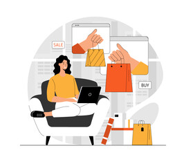 Wall Mural - Shopping online. Woman making purchases, ordering delivery and paying with credit cards. Illustration with people scene in flat design for website and mobile development.