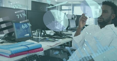 Poster - Animation of statistical data processing against thoughtful african american man sitting at office