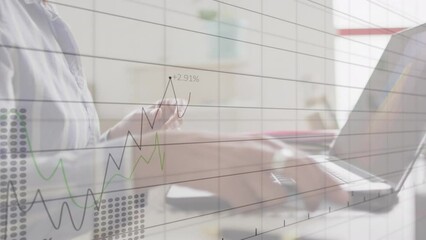 Wall Mural - Animation of statistical data processing against mid section of woman using smartphone at office