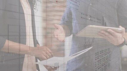 Poster - Animation of statistical data processing over mid section of man and woman shaking hands at office