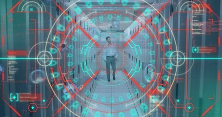 Poster - Animation of neon round scanner spinning against caucasian male engineer walking at server room