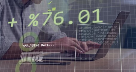 Poster - Animation of interface with data processing against mid section of a man using laptop at office