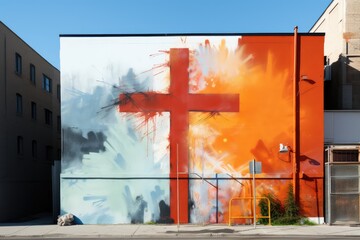 Wall Mural - Religious contemporary art. Painted cross on a wall with splashes of red and orange paint