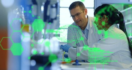 Poster - Animation of medical data processing over diverse male and female scientists working at laboratory