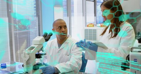 Poster - Animation of medical data processing on diverse male and female scientists discussing at laboratory