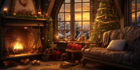 Wall Mural - cozy bedroom with christmas decorations