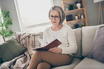 Sticker - Photo of good mood pretty elderly lady wear white cardigan spectacles checking schedule diary indoors apartment room