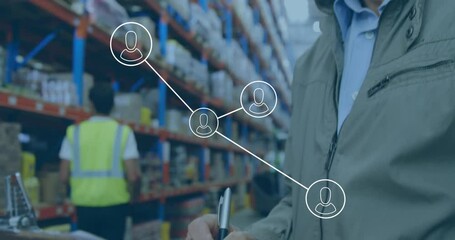 Poster - Animation of network of profile icons on caucasian male supervisor writing on clipboard at warehouse