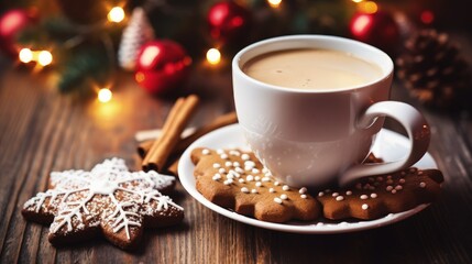 Aufkleber - Christmas homemade gingerbread cookie and cup of hot chocolate with marshmallow on wooden table. Christmas food and drink concept