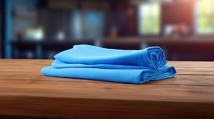 Poster - Blue folded kitchen napkin on wooden table. Towel on tabletop. Food advertisement design backdrop. Product display.