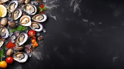 Aufkleber - Raw Clams vongole shells, mussels, oysters and lemon with ice on black slate. Fresh shellfish for cooking with seasonings on the table, top view and copy space
