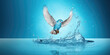 Blue dove with water splash isolated on blue background.