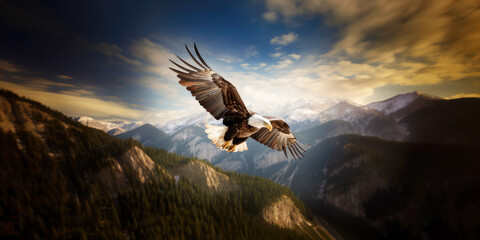  Bald Eagle in flight against the backdrop of mountains and cloudy sky. Absolute Freedom