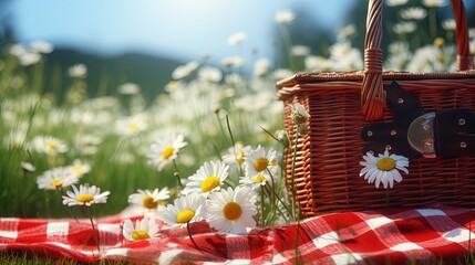 Sticker - Red picnic cloth. Red checked picnic blanket with a empty basket on a meadow with daisies in bloom. Beautiful backdrop for your product placement or montage.