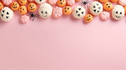 Sticker - Happy Halloween holiday concept. Flat lay white pumpkins, cute Halloween decorations, spiders, web, ghosts on pastel pink background. Halloween greeting card template. Top view with copy space.