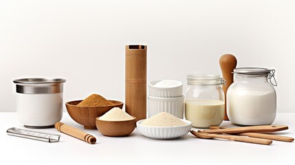 Poster - Cooking concept. Basic baking ingredients and kitchen tools isolated on white