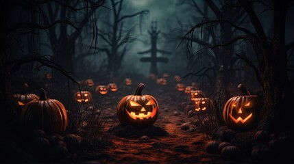 Poster - Halloween - Pumpkins In Spooky Forest With Tombs At Night - Abstract Defocused Background