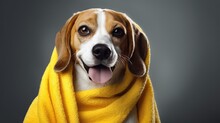 A Cute Beagle Dog In A Yellow Towel After Bathing On A Gray Isolated Background. Pet Grooming Concept.