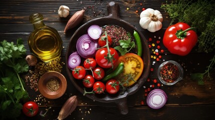 Poster - Top view of colorful organic vegetables and seasoning ingredients on rustic kitchen table with olive oil and balsamic vinegar. Healthy food or vegetarian food concept.