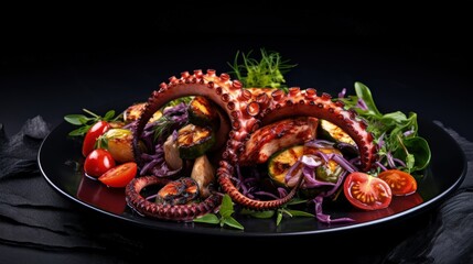Poster - Sea delicacy grilled octopus with grilled vegetables. Dishes on a dark decorated background